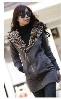 New Fashion Ladies Leopard Print Hood Large Lapels Long Zipper Jacket 