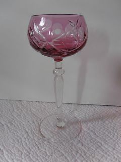   / Bohemian Cranberry Pink Cut to Clear Crystal Wine Goblet Glass
