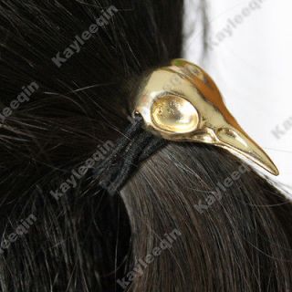 Gold Crow Bird Raven Skull Hair Cuff Wrap Pony Tail Band Stretch Goth 
