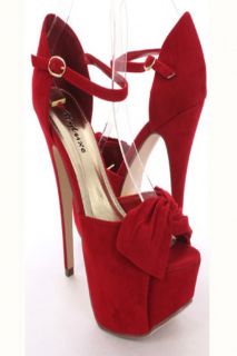 Red Faux Suede Bow Front Peeptoe Platform Heels @ Amiclubwear Heel 