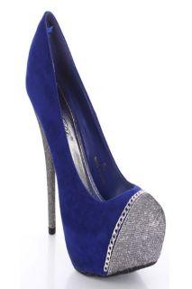 Royal Blue Faux Suede Glitter Toe Chained Heels @ Amiclubwear Heel 