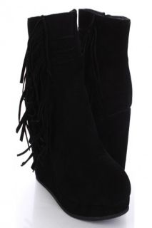 Black Faux Suede Side Fringe Ankle Boot Wedges @ Amiclubwear Wedges 