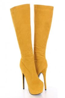 Mustard Faux Suede AMIclubwear Knee High Platform Boots @ Amiclubwear 