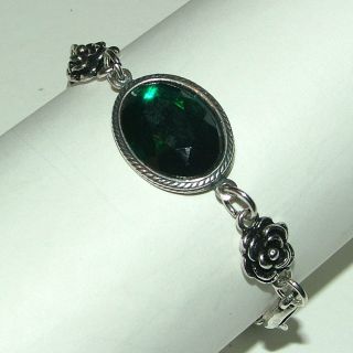 VICTORIAN STYLE GREEN ACRYLIC CRYSTAL DARK SILVER PLATED ROSE BRACELET