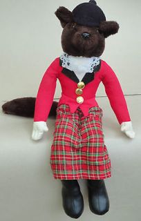 Vtg Plush Fabric FOX HUNT Lady DOLL Wolf Plaid Skirt Red Jacket 