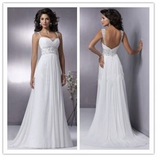 White Chiffon Bead Long Bribal Pageant Cocktail Prom Evening Formal 