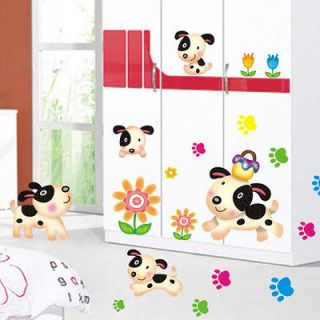 Happy Puppy Dog Sunflower Mural Art Removable Decals Wall Sticker Kids 