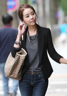 New Spring Wild Black Woman Lady OL One Button Slim Small Suit Jacket 