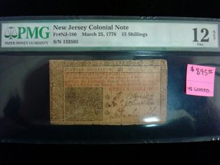   NOTE 15 Shillings Antique Vintage Currency New Jersey PMG Fine 12