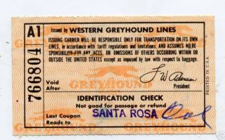 1960 Greyhound Bus Lines Ticket Santa Rosa to Portland
