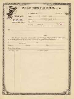 1918 Original OPIUM Cocaine Narcotic Order Form Hendersonville, North 