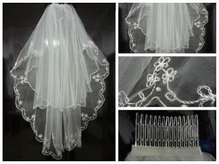 2T ivory Elbow Beaded Edge Embroidery Pearls Bridal Wedding Veil+Comb