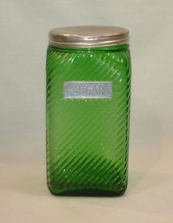 Vintage Owens Illinois GREEN Glass Ribbed SUGAR Hoosier CANISTER