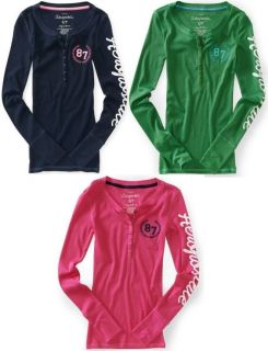 AEROPOSTALE WOMENS LONG SLEEVE HENLEY T SHIRT EMBROIDERED LOGO CREST 