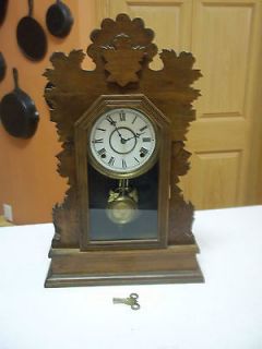 antique clock Gilbert Quail ornate Walnut working kitchen shelf clock 
