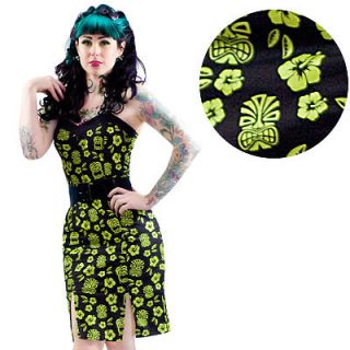 Tiki Slit Pencil Dress Rockabilly Retro Pin Up 50s Hawaiian Party