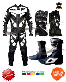 Yamaha full leather suit black jacket trouser shoes gloves any size or 