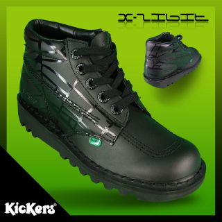 KIckers Kick Hi Ankle Patent Leather School Work Boots Black Lace Up 