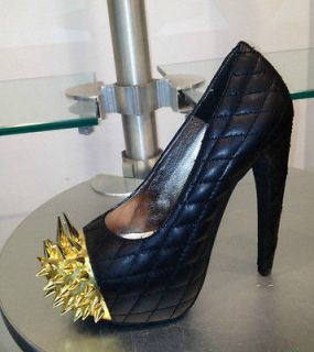 Jeffrey Campbell Battle High Heel Black Leather Pumps with Gold Spikes 