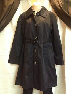 Womens Black Long Belted Lined Trench Coat Tortoise Shell Colored 