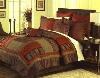 8pc Bed in a Bag Chocolate/Redd​ish Orange Patchwork Comforter Set Q 