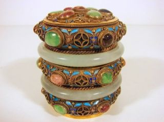   Art Deco Chinese Silver Enamel Gemstone Jade Bangle Bracelet Box
