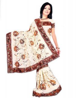Off White Wedding Bollywood Sequin Embroidery Sari Saree Costume danse 