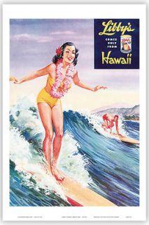 HAWAIIAN Vintage Poster HAWAII Aloha Surfer Girl 