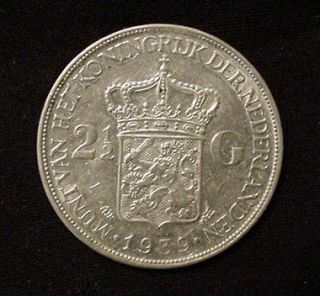 1939 Dutch Holland Netherlands Nederlanden silver 2 1/2 Guilders 