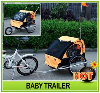 New 2IN1 DOUBLE KIDS BABY BIKE BICYCLE TRAILER JOGGER STROLLER Orange 