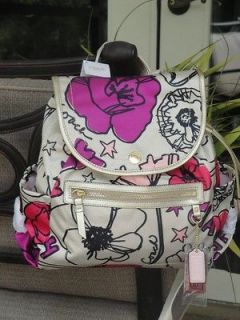 COACH BACKPACK KYRA FLORAL PURSE BAG $298 METALLIC LEATHER RED PINK 
