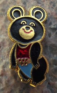 1980 Olympic Games Moscow Bear Mascot wearing Red Blue Leotard Pin 