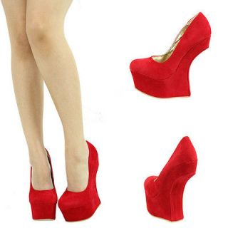 RED ROUND TOE SKY HIGH HEEL LESS PLATFORM CURVED WEDGE WOMENS PUMP 
