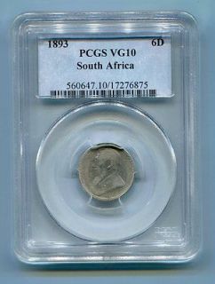 PCGS GRADED VG 10 RARE 1893 6 PENCE KRUGER era Coin SOUTH AFRICA   ZAR