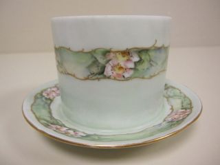 Antique Vienna Austria Handpainted Floral Green Candy Dish w Attached 