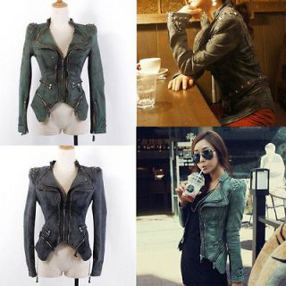 New Womens Punk Spike Studded Shoulder Vintage Denim Jacket Jeans coat 