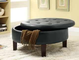 Round Black Leather Like Vinyl Storage Ottoman with Tufted Top by 