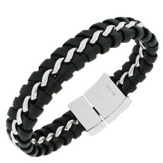   Steel Black Leather Silver Tone Braided Link Chain Mens Bracelet