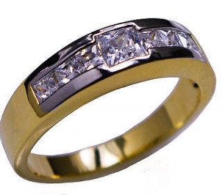 Two Tone Mens Wedding Channel Set Ring 14K yellow gold overlay size 9