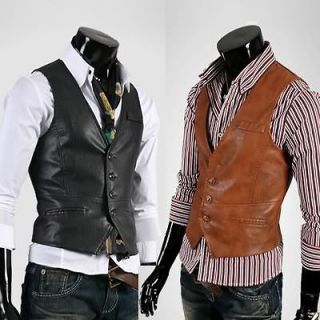   New Stylish Slim Fit Mens Faux Leather Vests Jackets Coats 2 Colors
