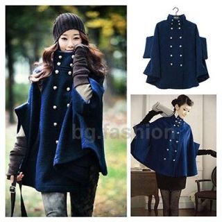   Ladies Wool Double Breasted Poncho Cape Jacket Mantle Cloak Coat