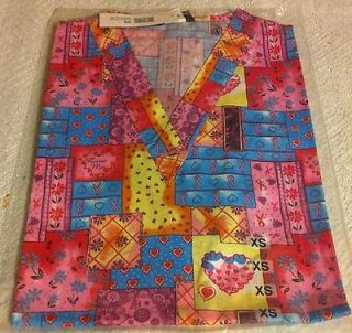   Cancer Print Scrub Top V neck Quilted Hearts & Ribbons by Melrose