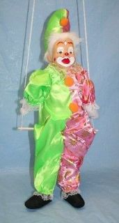 Clown Marionette on Swing Green & Pink With Porcelain Bisque Head NIB 
