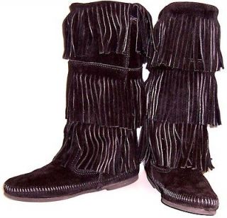 minnetonka calf hi 3 layer fringe boot black womens 9