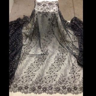 DARK GREY MESH W/ EMBROIDERY SEQUINS HAND BEADED LACE FABRIC 52 WIDE 