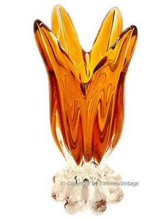 Heavy Amber Murano Glass Art Vase Unique Deco Tulip Flower Blown