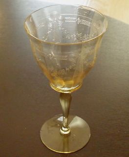 RARE Vintage TIFFIN PAULINA Yellow Amber Elegant Etched Tall Goblet 