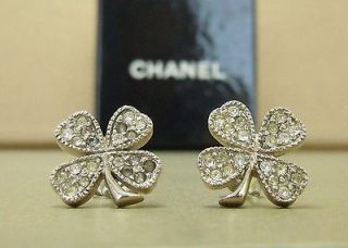 CHANEL Pierced Earrings Clover Silver x Rhinestones 98P EXLNT w/ Box 