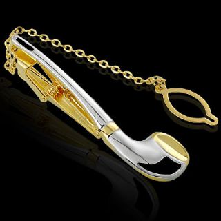 FUN CIGAR PIPE SHAPED GOLD & SILVER PLATED METAL NECKTIE TIE CLASP 