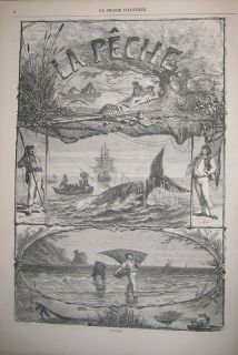 rare 1867 print whaling fishing whales harpoon from canada time